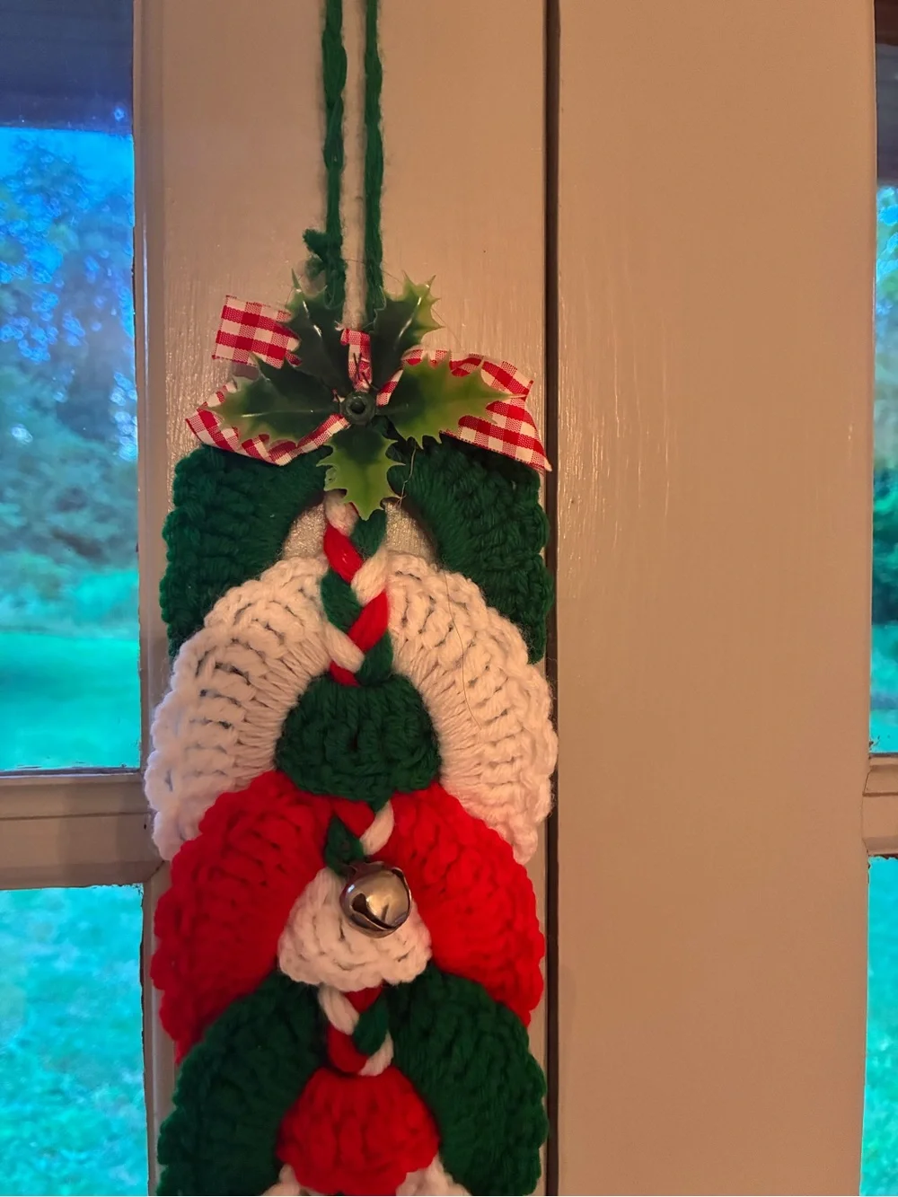 Vintage Hand Crochet Christmas Door Hanger Jingle Bells Garland Holiday Decor